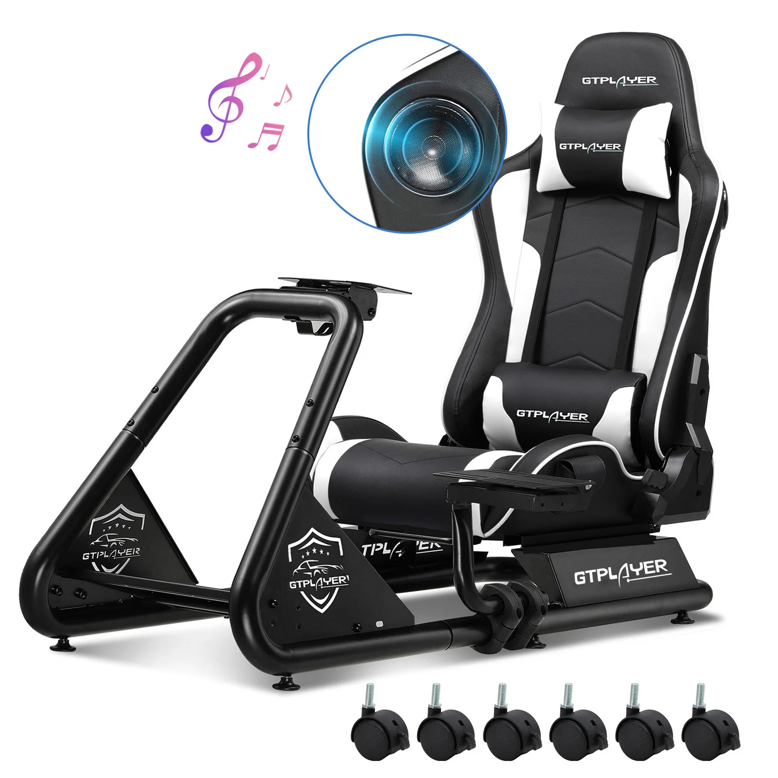 GTPLAYER Simulator Cockpit, Sim Racing Cockpit, support de volant de simulateur de course avec haut-parleurs, volant et étagère à pédales