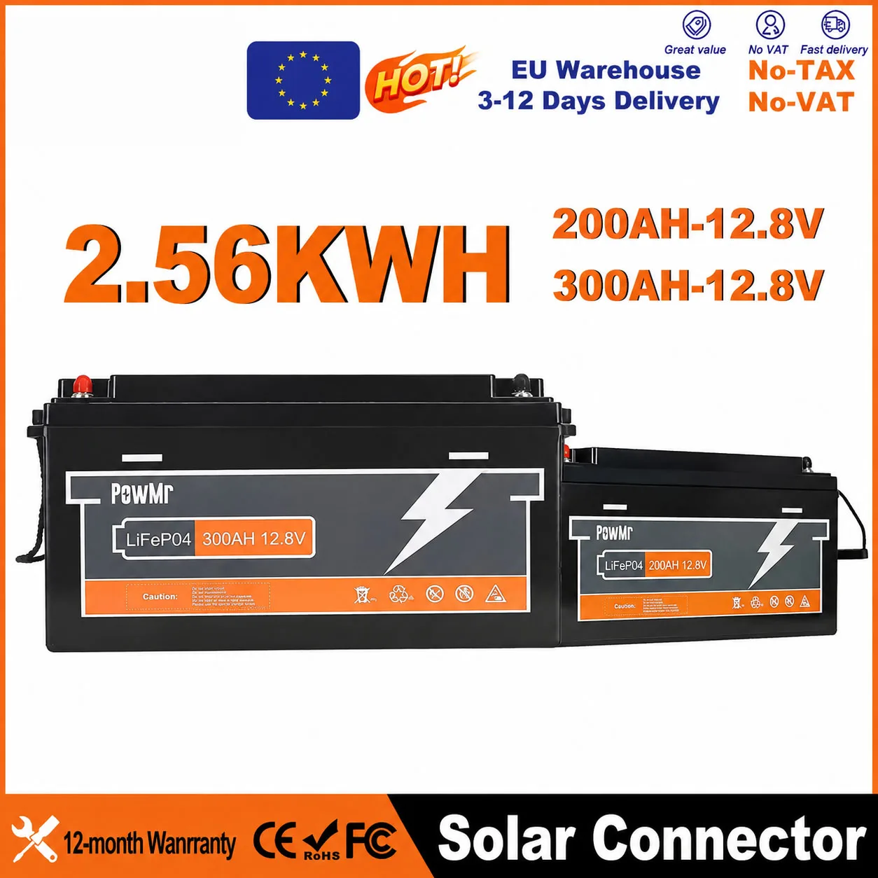 Batterie Life 4 V 200/300Ah 2560Wh à décharge profonde au lithium fer phosphate avec BMS intégré, 6000 cycles, charge/décharge max 100A pour stockage d'énergie solaire, VR, bateau, système hors réseau, remplacement de batterie au plomb-acide