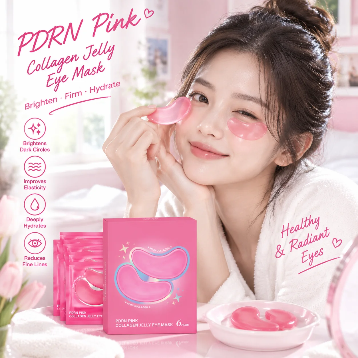 PDRN Pink Collagen Jelly Eye Mask Under Eye Puffiness Treatment Anti Dark Circles Removal Wrinkle Remover Under Eye Patches 6pcs