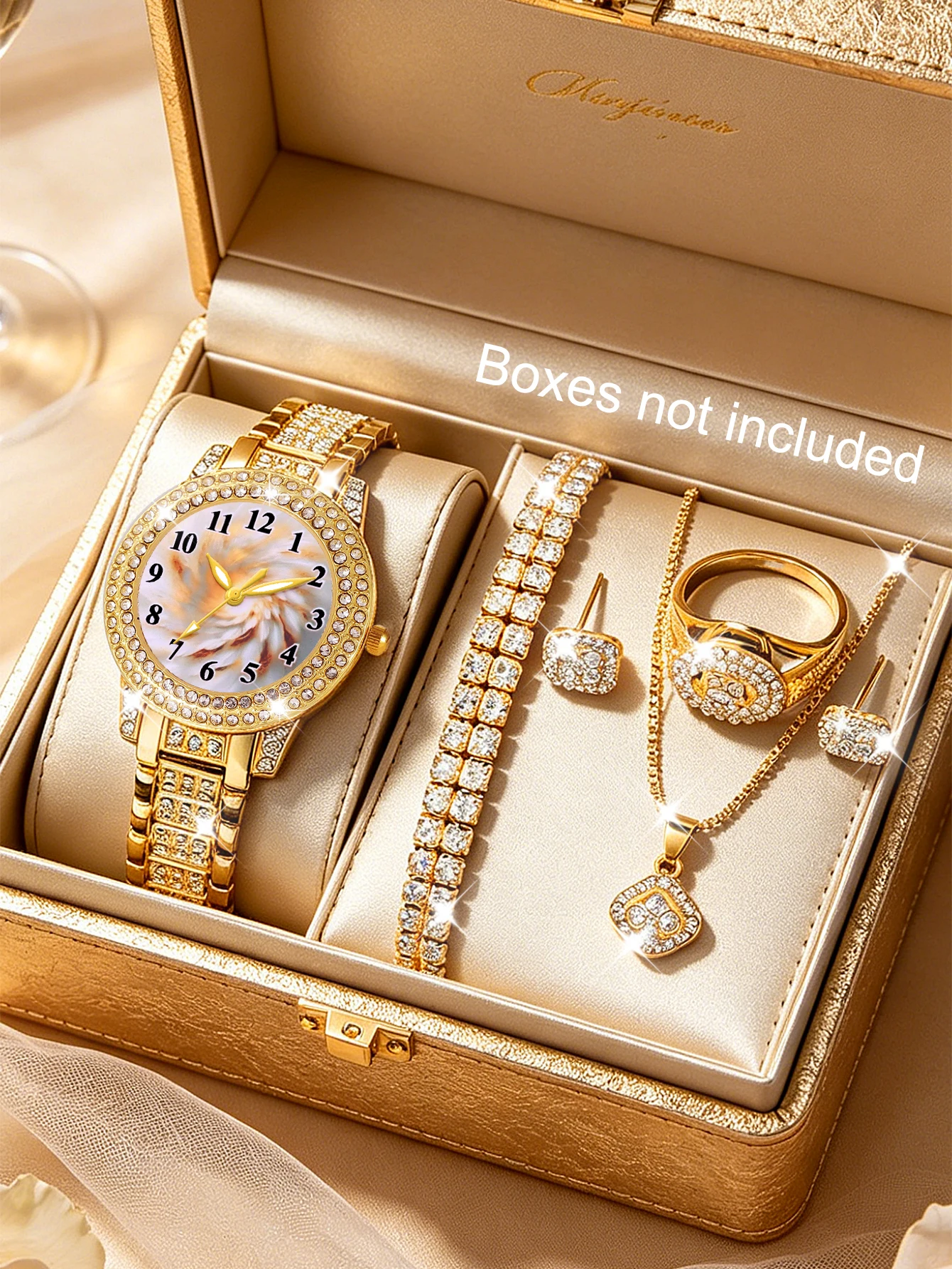 Ladies round Embedded Quartz Watch Set with Hollow out Jewelry Accessories Floral Pattern Design Suitable for Parties Gifts
