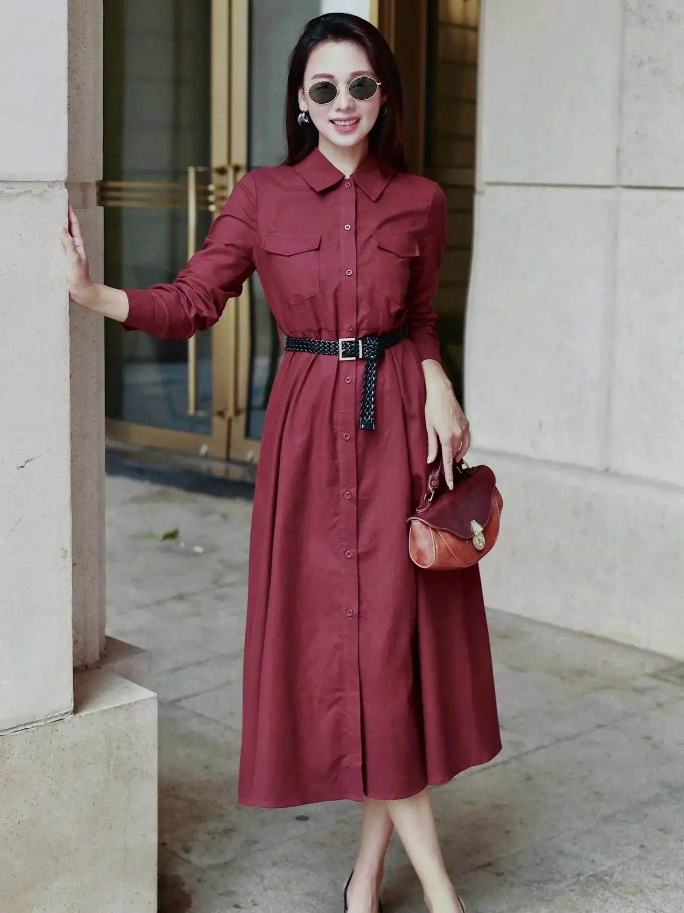 

Elegant solid color long sleeve women's mid length linen dress