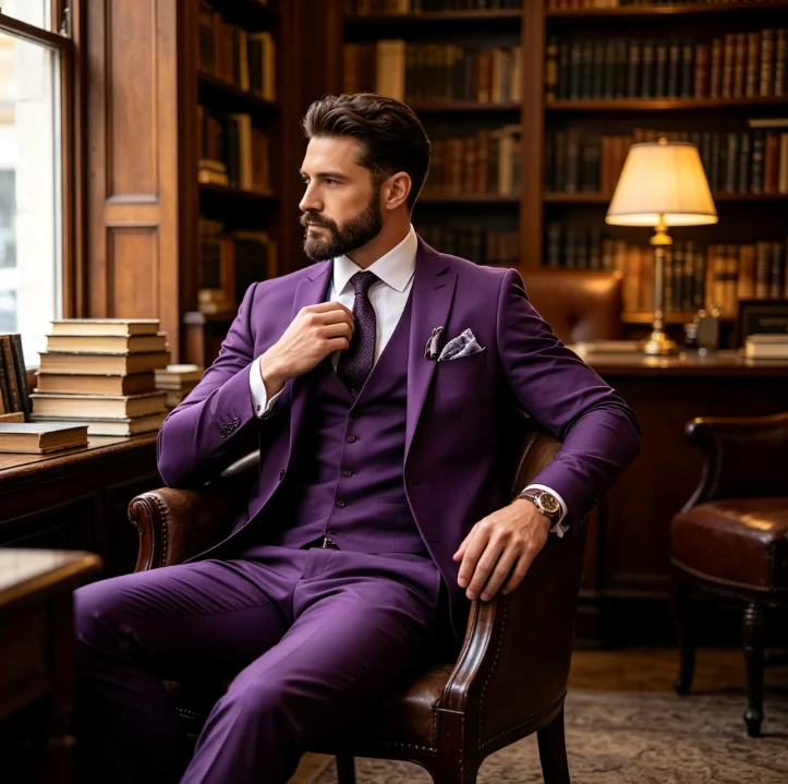 New Purple Business Male Suit Groom Groomsman Wedding Party Prom Formal Occasion Men Tuxedos 3 Piece Set Blazer Vest Pants