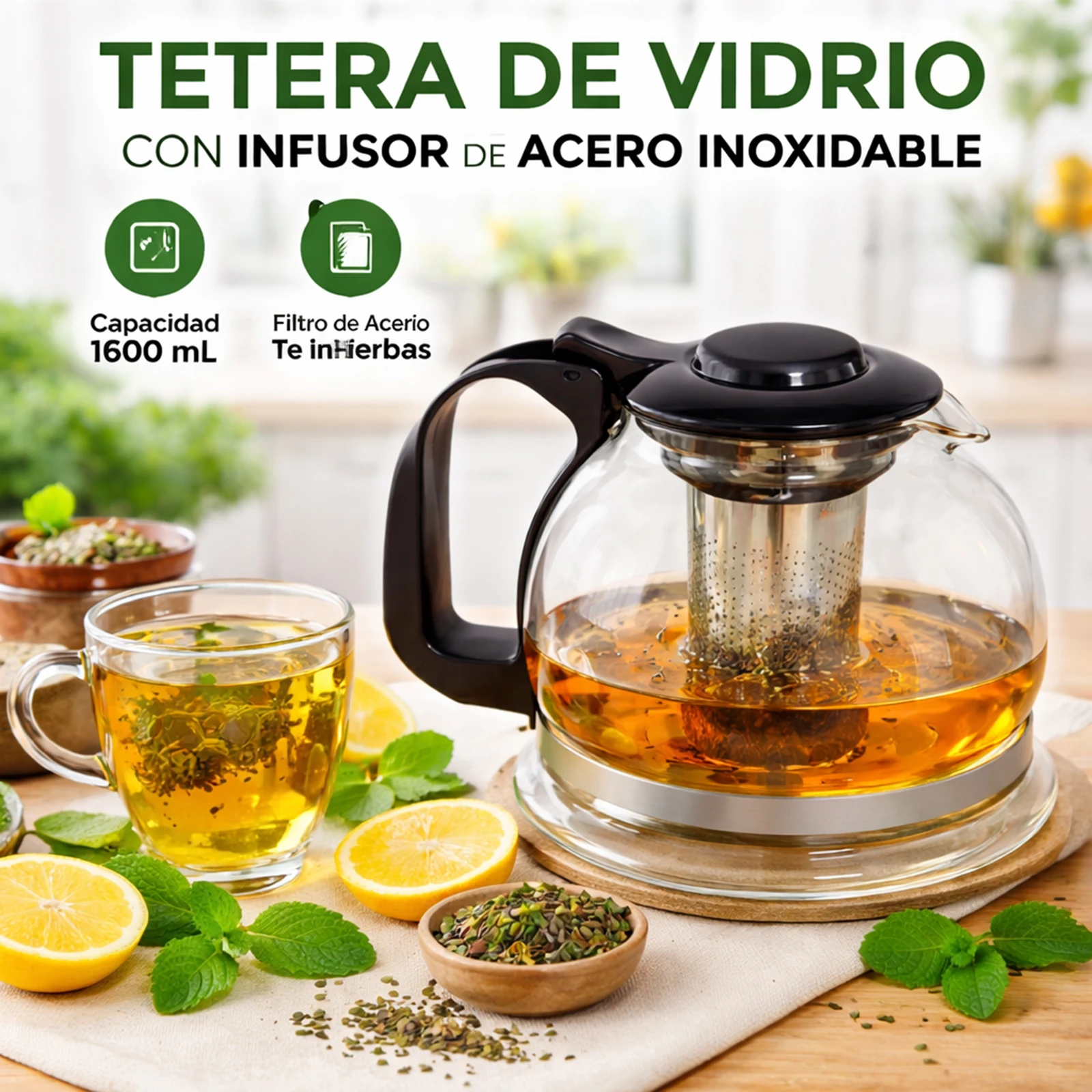 Théière en verre borosilicate de 1600 ml avec infuseur amovible en acier inoxydable, sans BPA, poignée ergonomique antidérapante, couvercle hermétique, résistante à la chaleur, passe au lave-vaisselle, idéale pour préparer du thé, des herbes et des infusions à partager à la maison