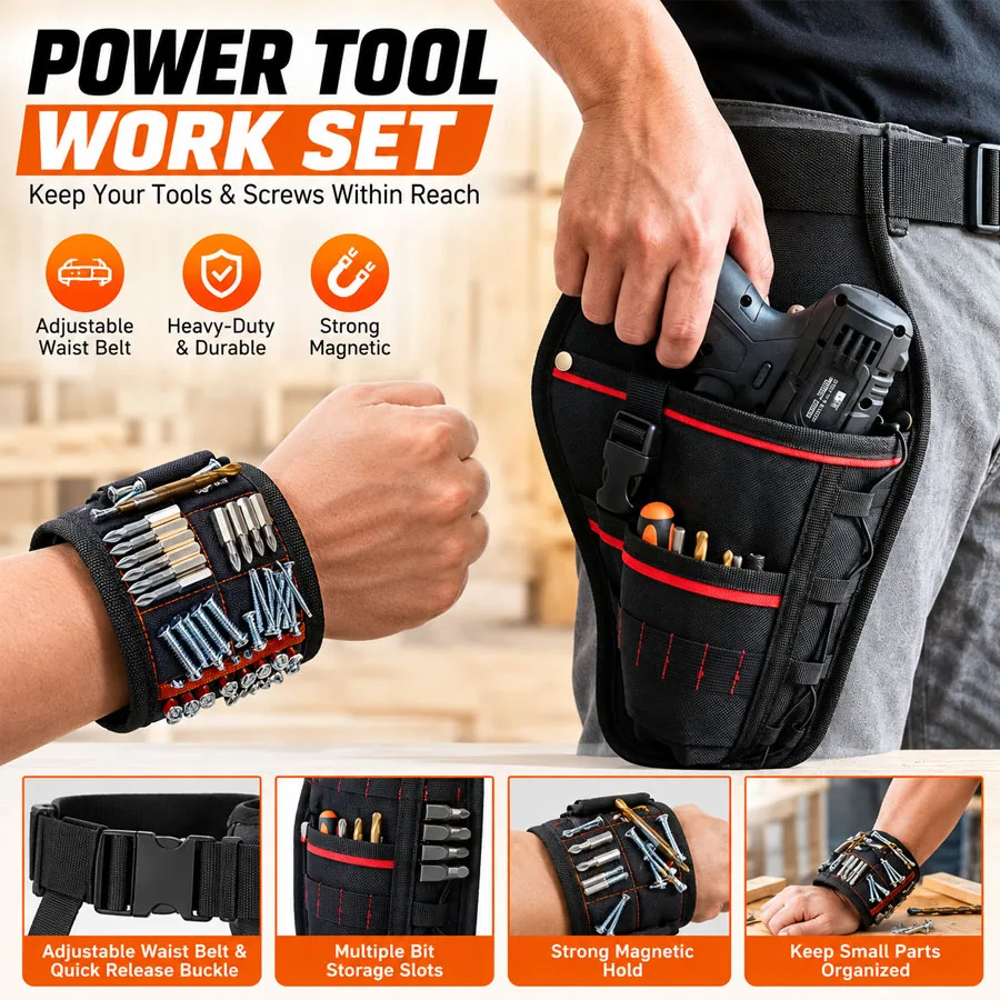 Carpenter Electrician Portable Tool Storage Set 1Set, Drill Waist Bag Magnetic Wristband with Bit Slots Quick Release Buckle