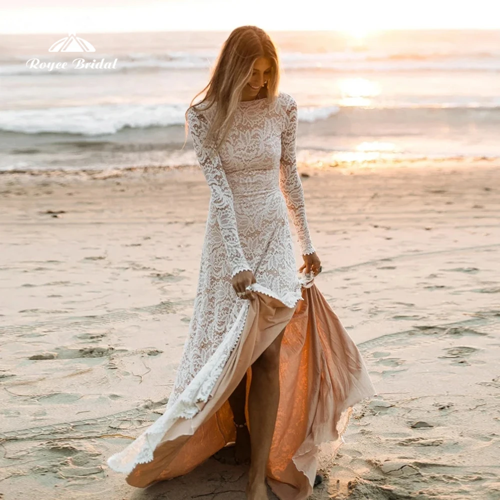 Lace Boho Wedding Dress for Women 2024 Long Sleeve Side Slit Backless Beach Bride Dresses Bridal Gowns Vestido De Noiva robe de