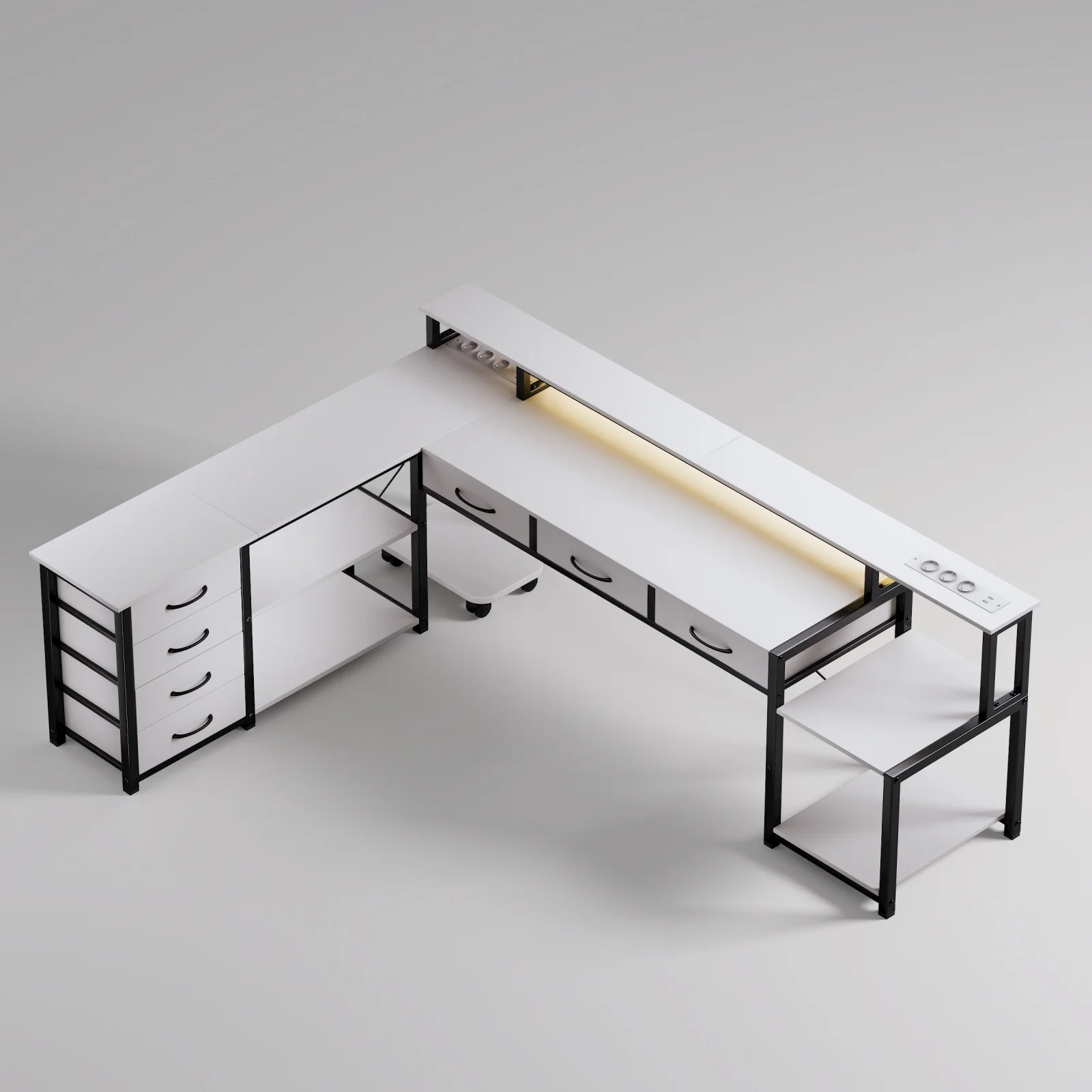 Mesa de ordenador en forma de L, diseño moderno, 7 cajones, 4 estantes, tomas de corriente y puertos USB integrados, Blanco