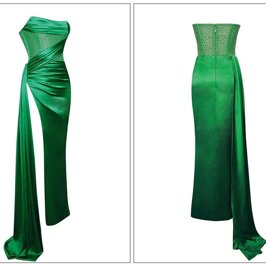 Verde sexy lado fenda vestidos de celebridade longo elegante senhora fora do ombro cetim moda noite robe soirée femme vestidos de noche