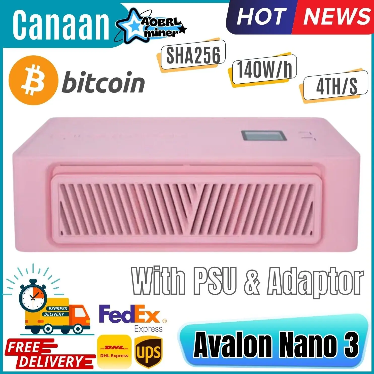 New Canaan Avalon Nano 3 BTC Miner 4TH/s (with PSU and Adaptor) - Peach Fuzz