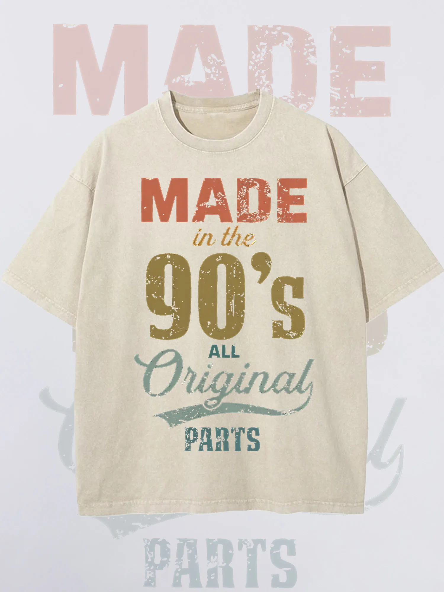 

Men's T-Shirts Made In The 90's Printed Apricot Short-Sleeved Round Neck Loose Summer 100% Pure Cotton Acid Washed Christmas