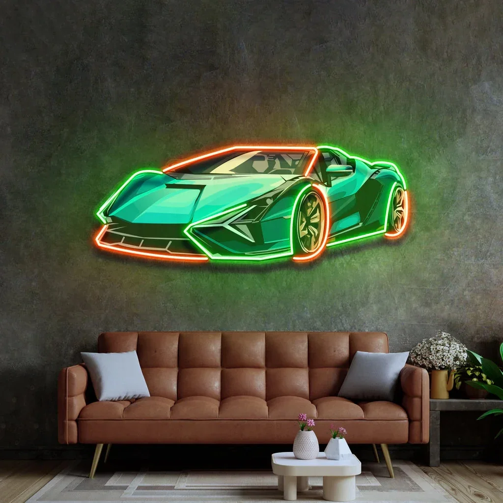 Enseigne au néon de voiture de course, impression UV, hypercar, salle de jeu, décor de chambre de garçon, super voiture de course, bar, club, décoration murale, cadeau pour lui