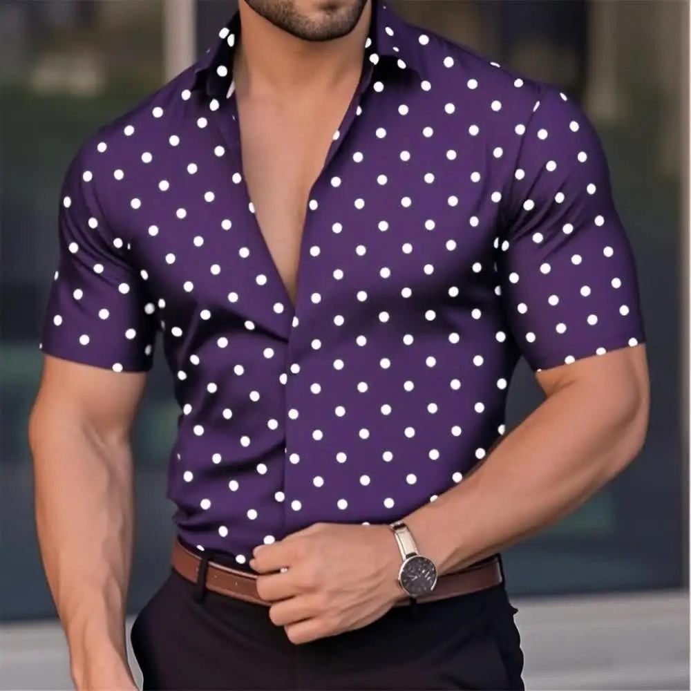 メンズシャツ ボタンダウンシャツ カジュアルシャツ サマーシャツ ビーチシャツ 黒、白、赤、白、緑 半袖 水玉ラップ