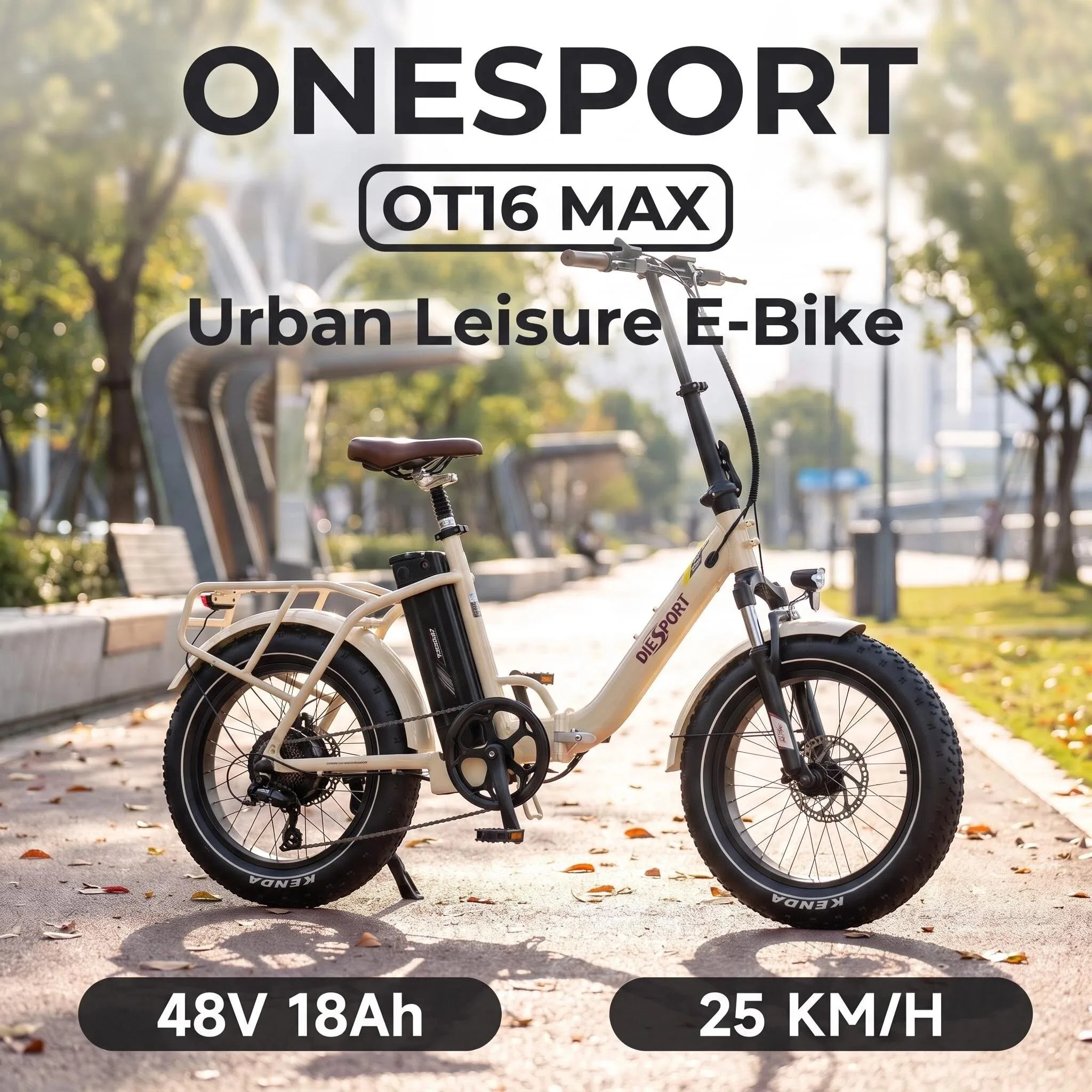 Vélo électrique pliable Onesport OT16 Max avec pneus larges 20x4.0, batterie 48V18Ah, moteur brushless à moyeu arrière, 7 vitesses