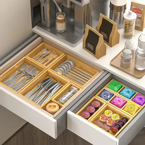 9pcs Bamboo Drawer Organizer with Adjustable Dividers & Compartments Suitable, Office, Bathroom Storage - Adjustable Wood Storage Boxes, Bamboo Trays for Desk, Tea Table, Multi- Organizers for and Workspace, Desk & Drawer Organizer for Home Storage
