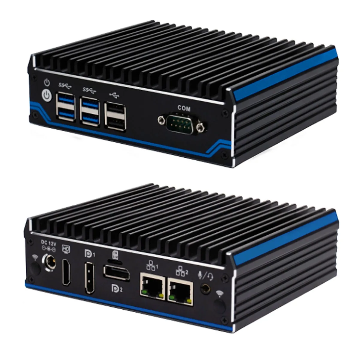 Partaker Fanless Mini PC Small Desktop Computer NUC Intel Celeron J4125 Quad Core 1xHD-MI 2xDP 2xLan 6xUSB 1xCOM Windows 10 Pro