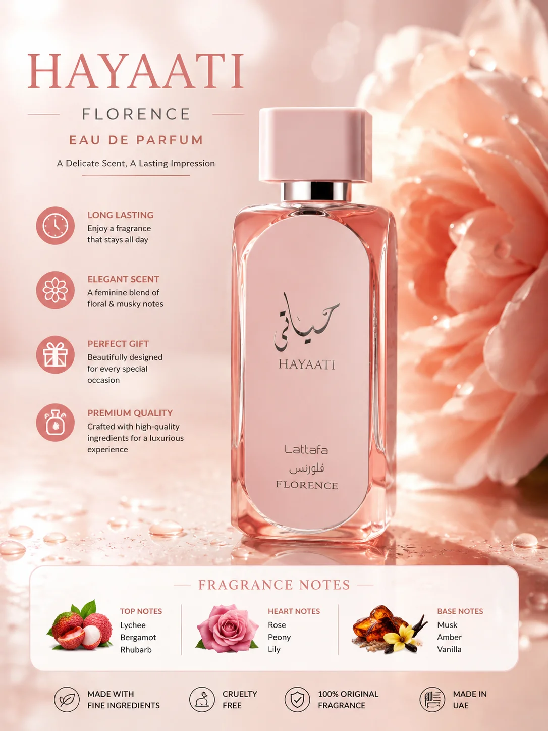 

Lattafa Hayaati Florence Unisex Eau de Parfum Spray 100ml Long Lasting Floral Woody Luxury Perfume for Men and Women