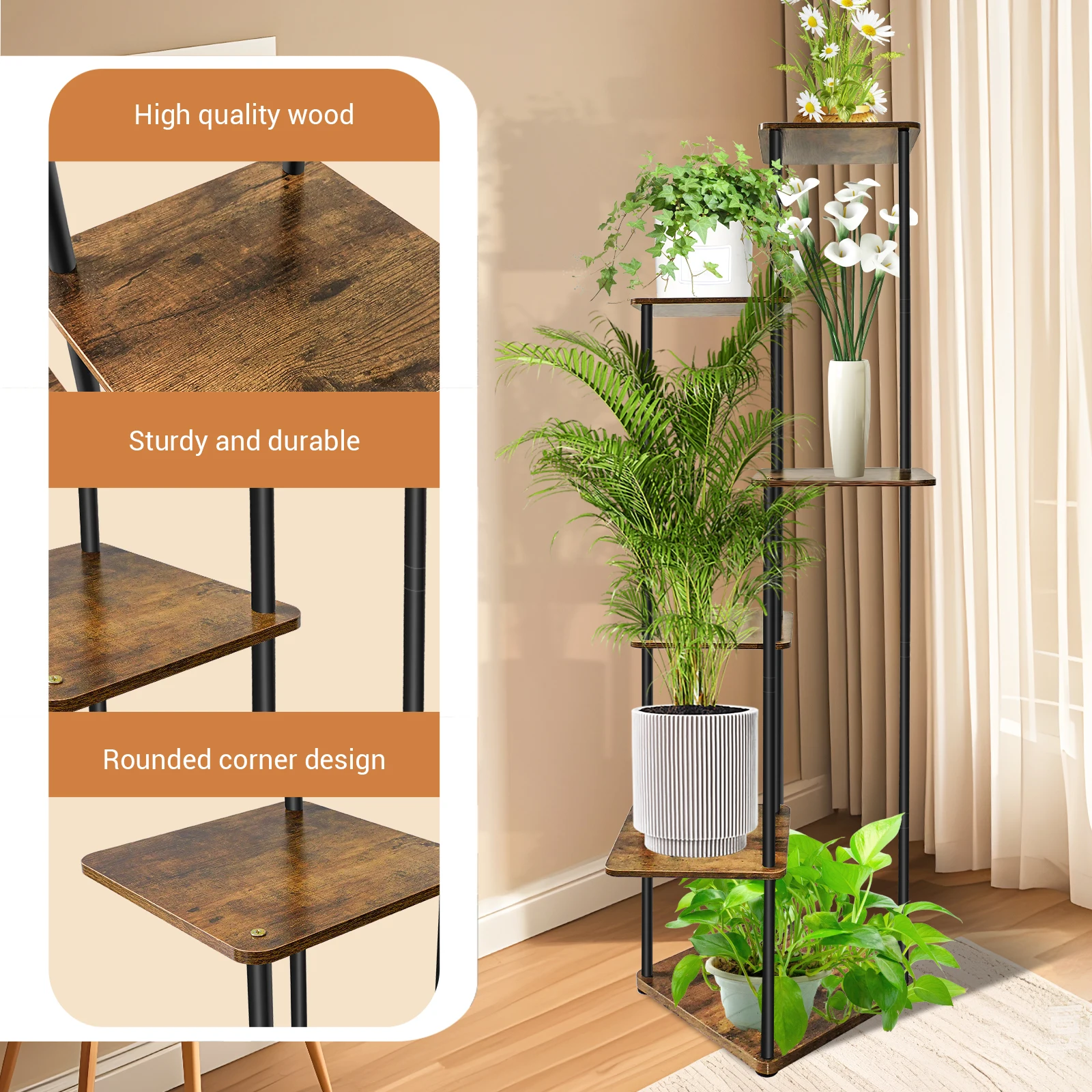 Support à plantes en métal à 6 niveaux, étagère à fleurs, support d'angle pour pots de fleurs, présentoir pour plantes, étagères à fleurs pour balcon, jardin, patio, salon, chambre