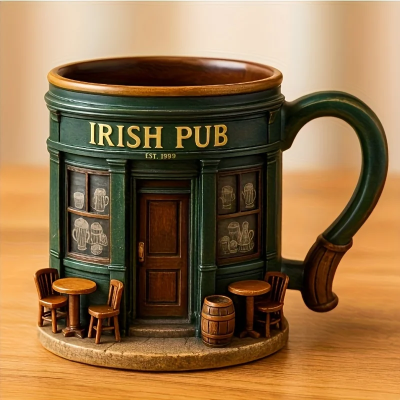 1 Stück Irischer Baum-Becher - Edelstahl & Harz Becher mit Irischem Motiv und Kleeblatt-Ornament, Langlebige Teetasse für Irische Pub-Dekoration, Einweihungsgeschenk, St. Patrick's Day Präsent