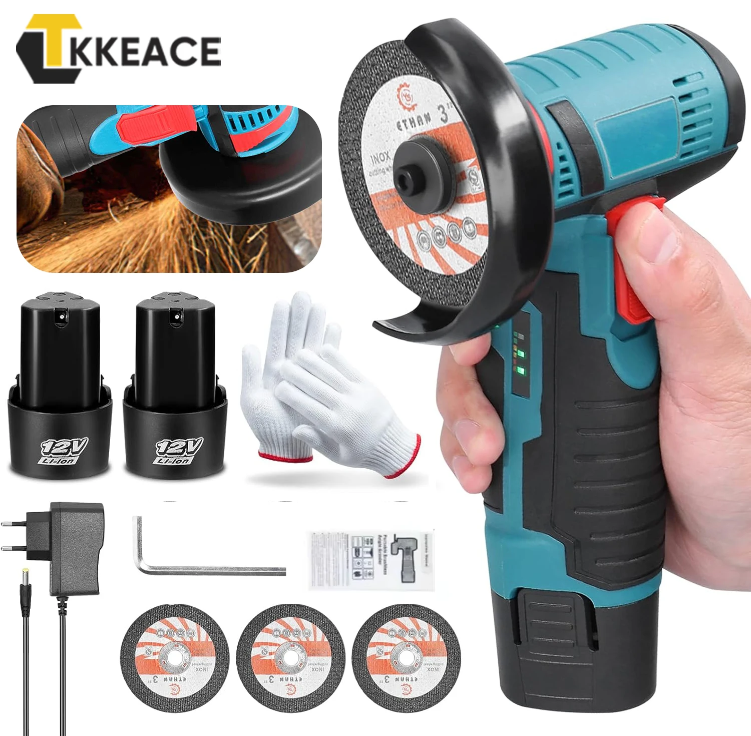 TKKEACE 19500rpm 12V Mini amoladora angular máquina inalámbrica batería de litio amoladora recargable amortiguación herramientas eléctricas