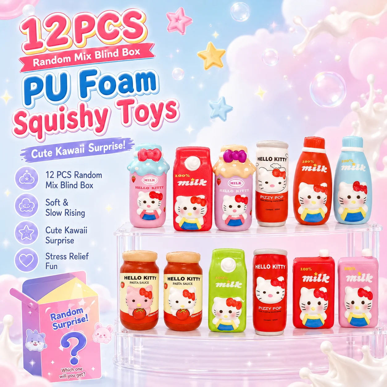 

Sanrio Kitty Cute Drink Milk Bottle Squishy Fidget Toy Slow Rebound Stress Collectible Random Blind Box Mix Squeeze Squishy Toy