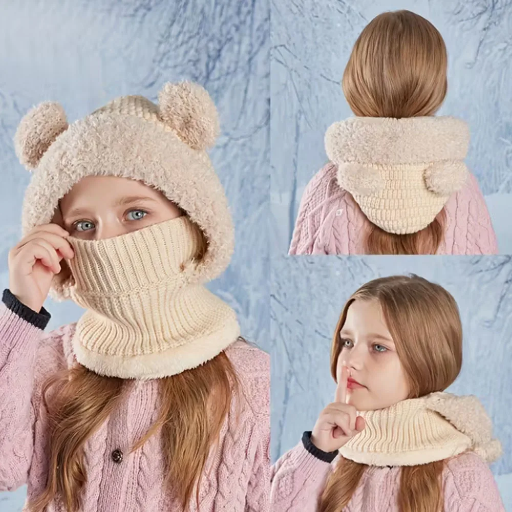 

3-8 Y Boys & Girls Plush Bear Ear Hooded Mask & Collar Winter Hat with Detachable Face Cover - Stretchable for, Christmas, Cold