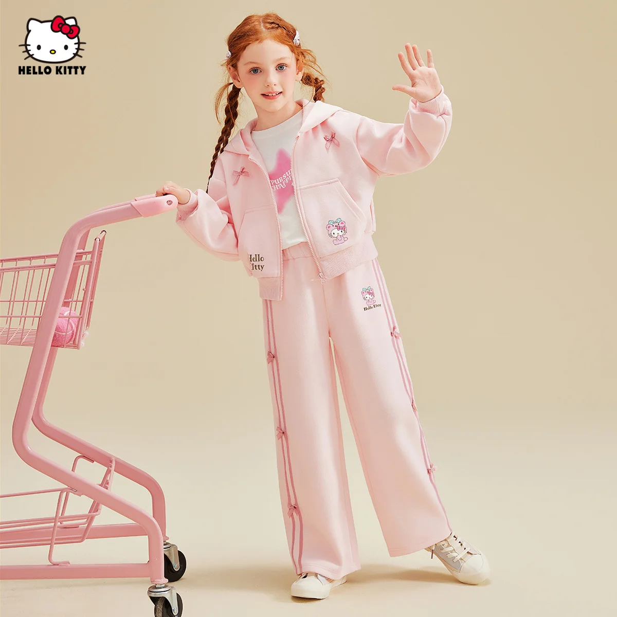 

[Genuine License] 2-piece set Sanrio for hello kitty girls' spring and autumn sports style set sweet pink bowknot