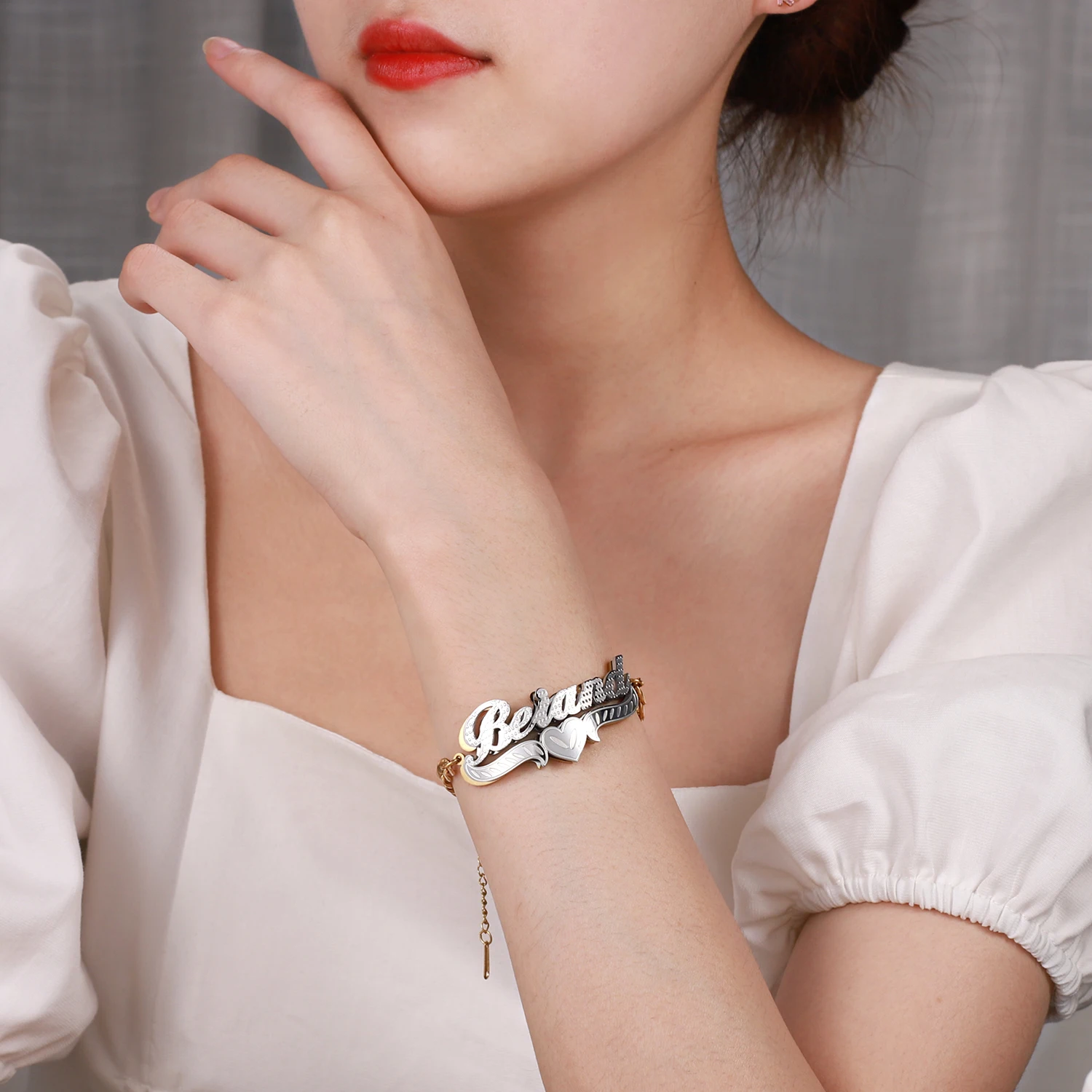 New Customized Bracelets Name Double Layer Two Tone Heart Cuban Chain Personalized Custom Gold Plated Name Bracelet For Women view 5