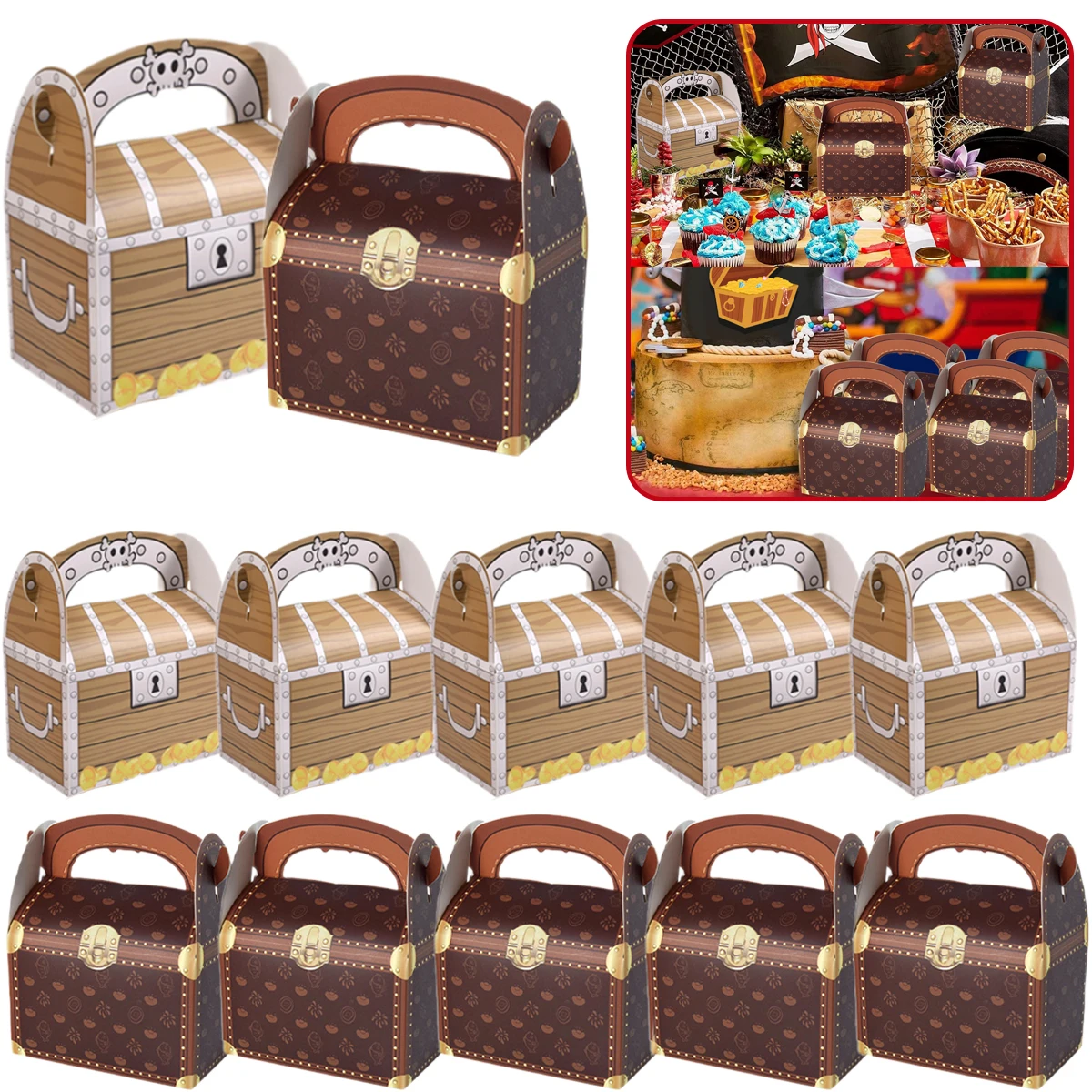 Paquete de 10 Cajas de Regalo para Fiesta Pirata con Asas, Caja de Cartón con Forma de Cofre del Tesoro Pirata, Caja de Decoración para Dulces de Halloween y Navidad