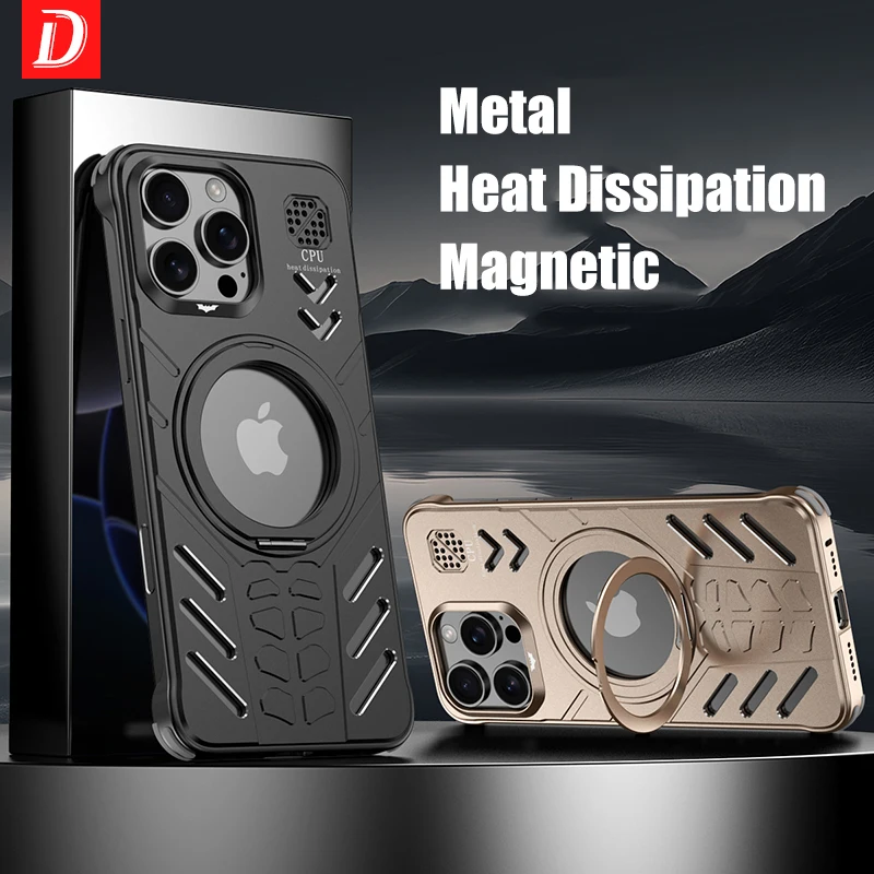 Metal Heat Dissipation Hollow Magnetic Phone Case For iPhone 15 16 Pro Max 360° Rotating Stand Aluminum Alloy Frameless Cover