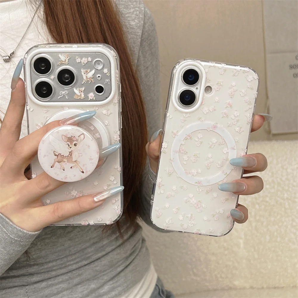 

Korean Cute Little Flower Magnetic Phone Case for iPhone 15 14 13 16 Pro 17 Max Cover With Magsafe Wings Deer Stand Cases Fundas