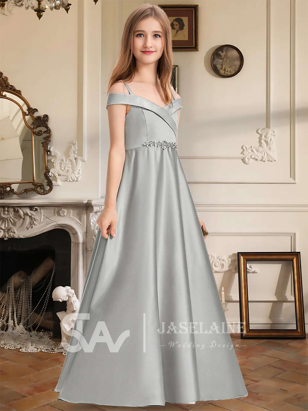 

QA Junior Bridesmaid Dress Ball Gown Satin Cold Shoulder V Neck Floor Length Flower Girl Dress Girls Formal Wear Wedding Party