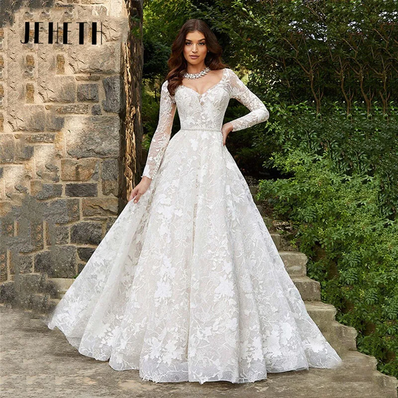 JEHETH Bohemian Wedding Dresses For Women Sexy Backless Lace Appliques Long Sleeves Bridal Gown Elegant Princess Dress Custome