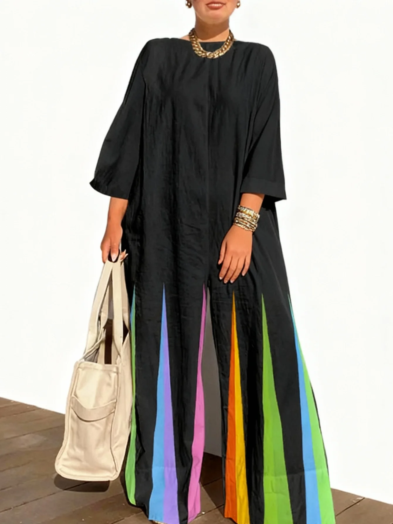 レディースジャンプスーツ、無地カジュアル長袖ストライプ丸首ジャンプスーツ