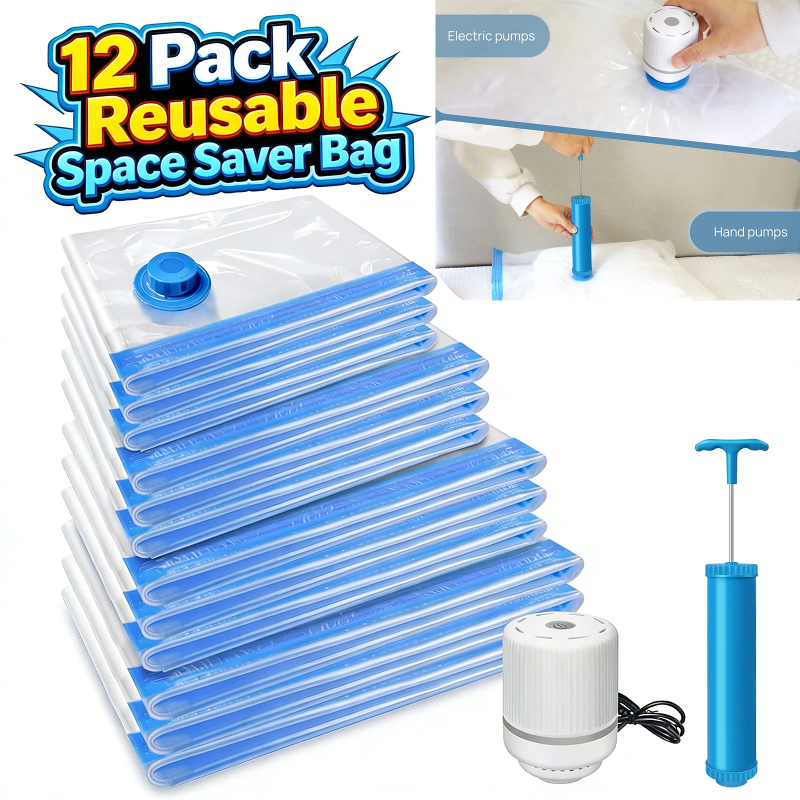 12er-Pack Vakuum-Aufbewahrungsbeutel, Platzsparende Kompressionsbeutel für Bettdecken & Decken – mit Elektrischer Pumpe & Manueller Pumpe – Reise-Packorganizer