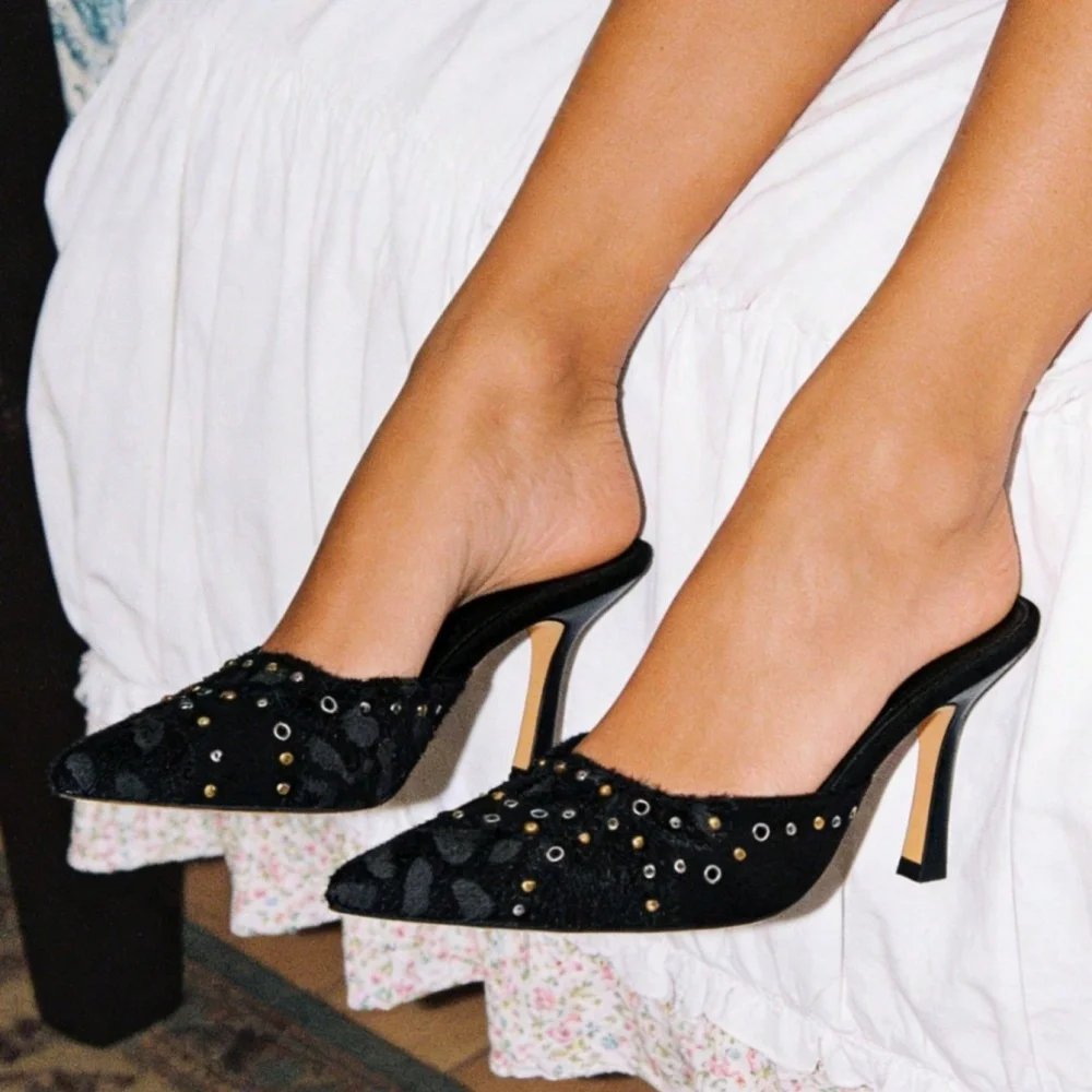 Women Pointed Toe Bow Heels Mules Slip on Stiletto Heels Sandals Dress Party Wedding Studded Heels Pumps