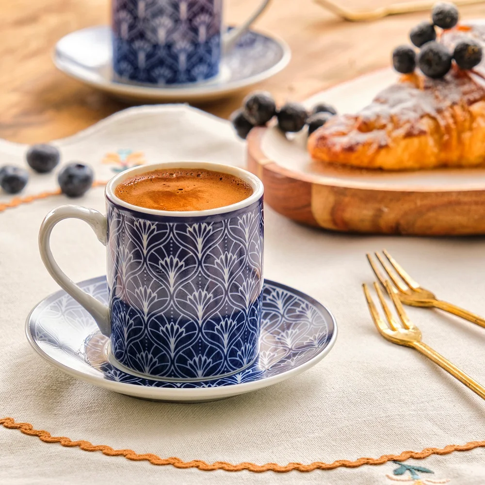 Blue Patterned Set Of 6 Coffee Cups 90 ml Turkish Coffee 6 Cups 6 Plates Arabic Coffee