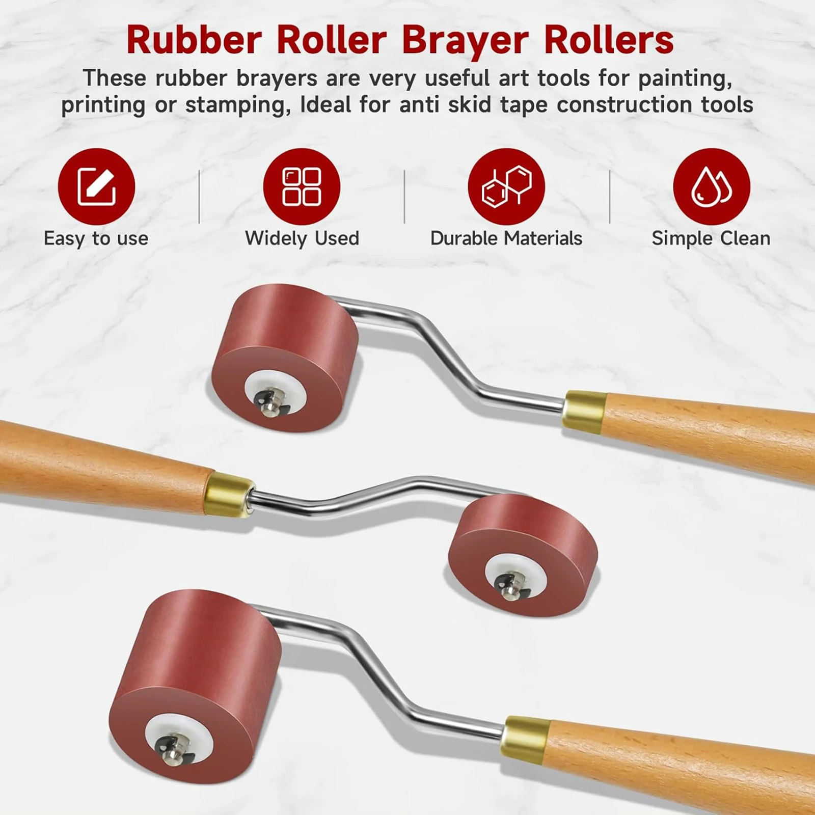 3 Pcs/Set Rubber Rollers Brayer with Wooden Handle Wallpapers Crafting Roller Oil Ink Applicator for Gluing Handcraft Crafting