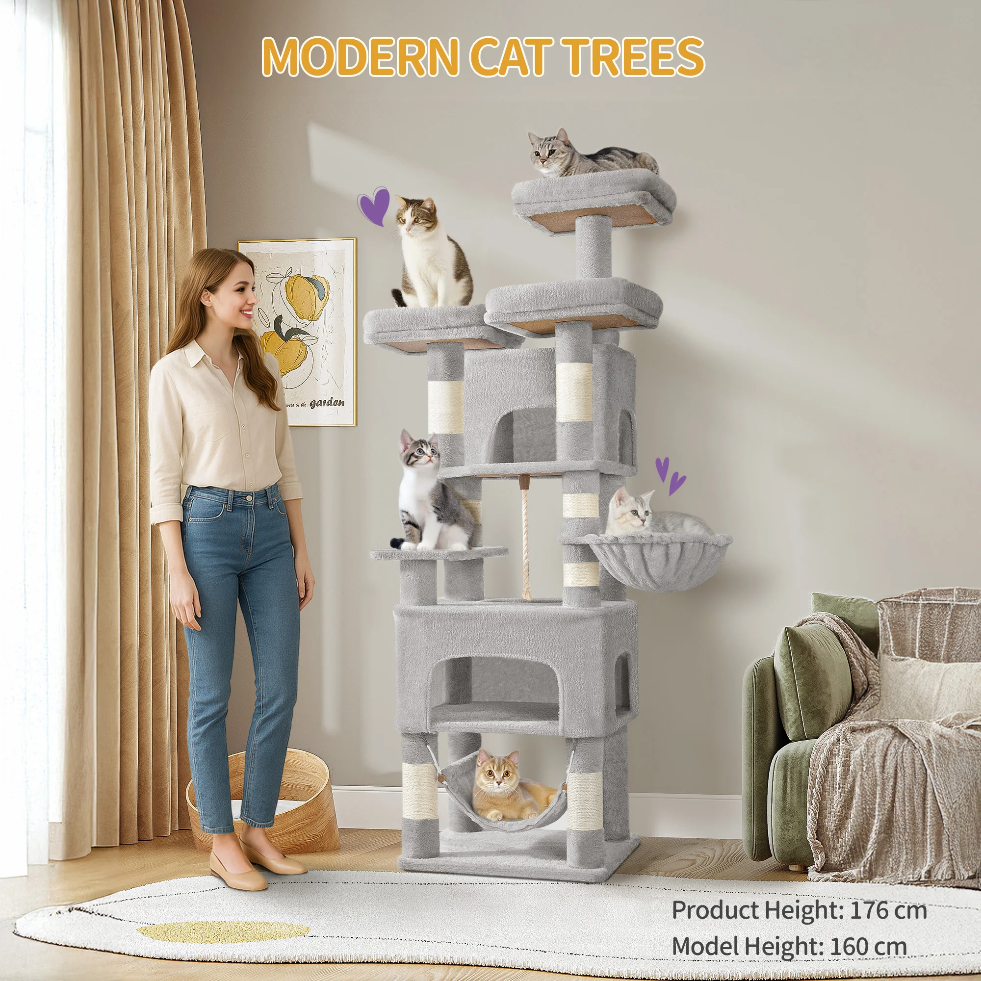 Arbre à chat XL, 3 plateformes, 2 niches, 7 poteaux à gratter, hamac, balles en peluche, poteau à gratter pour les foyers multi-chats