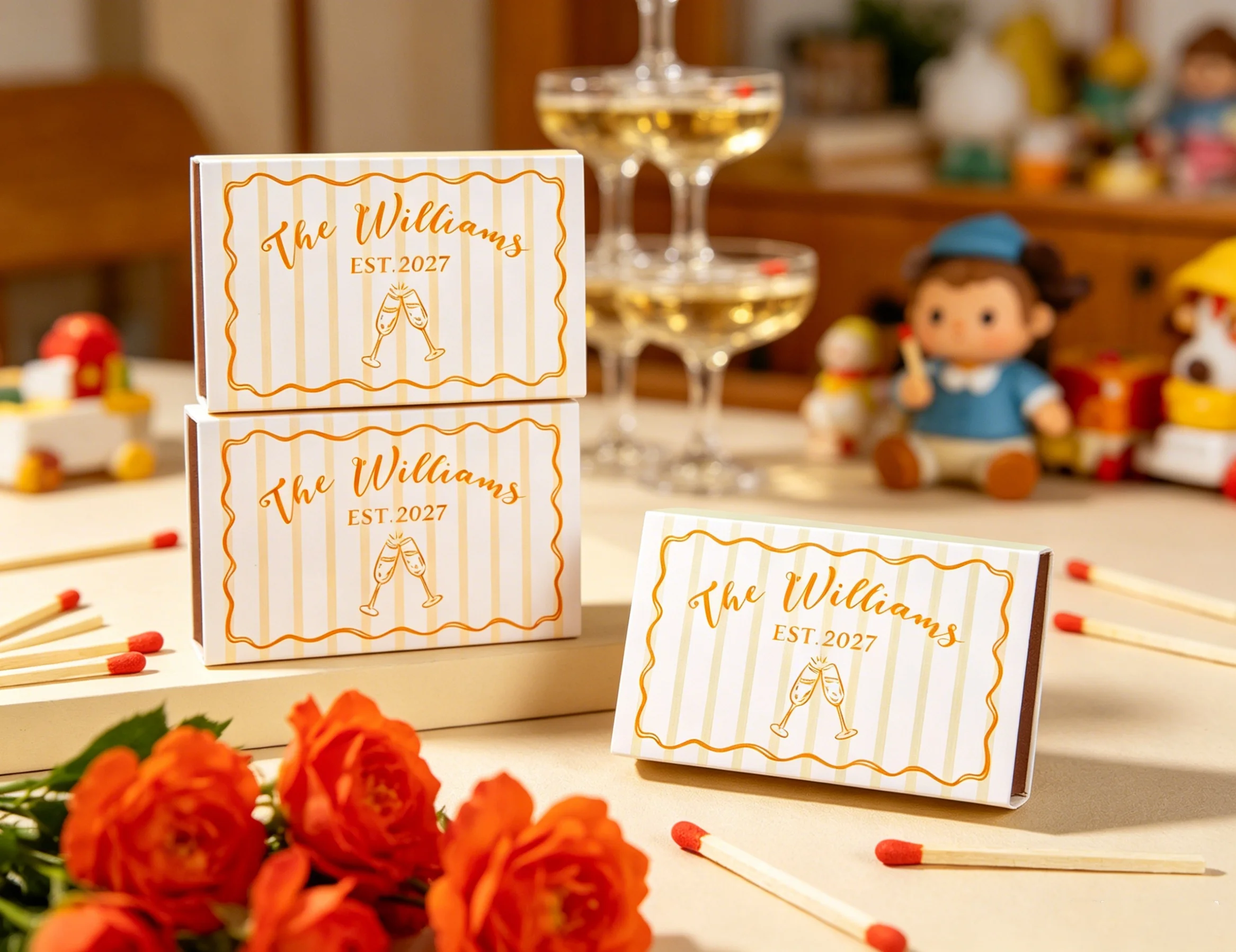 

Custom Striped Wedding Matchbooks, Champagne Toast Matches, Elegant Matchboxes as Favors for Engagement & Wedding Reception