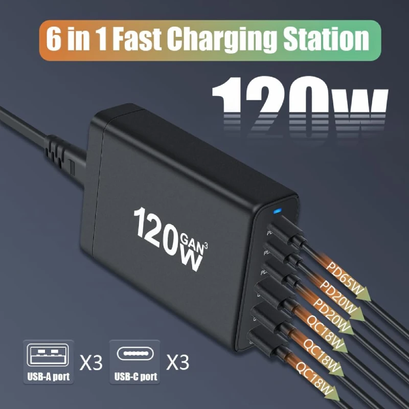 120W GaN 6 Ports USB C Fast Charging Station Hub Block Portable Wall PD Charger Power for MacBook iPhone Samsung Galaxy Xiaomi