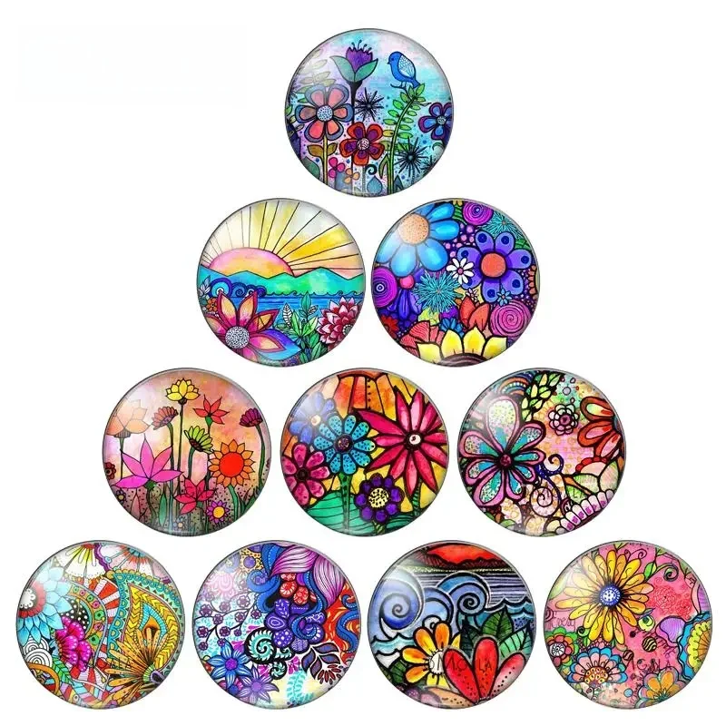 Art Colorful Oil Painting Flowers Pattern 10pcs 12mm/18mm/20mm/25mm Okrągłe zdjęcie szklany kaboszon demo płaski tył Making findings — zdjęcie 2