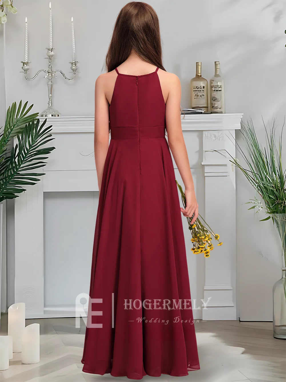 Платье подружки невесты с лямкой на шее, платье русалки с цветочным узором для девочек, шифон длиной до пола, с каскадным бантом, складки, свадебная вечеринка