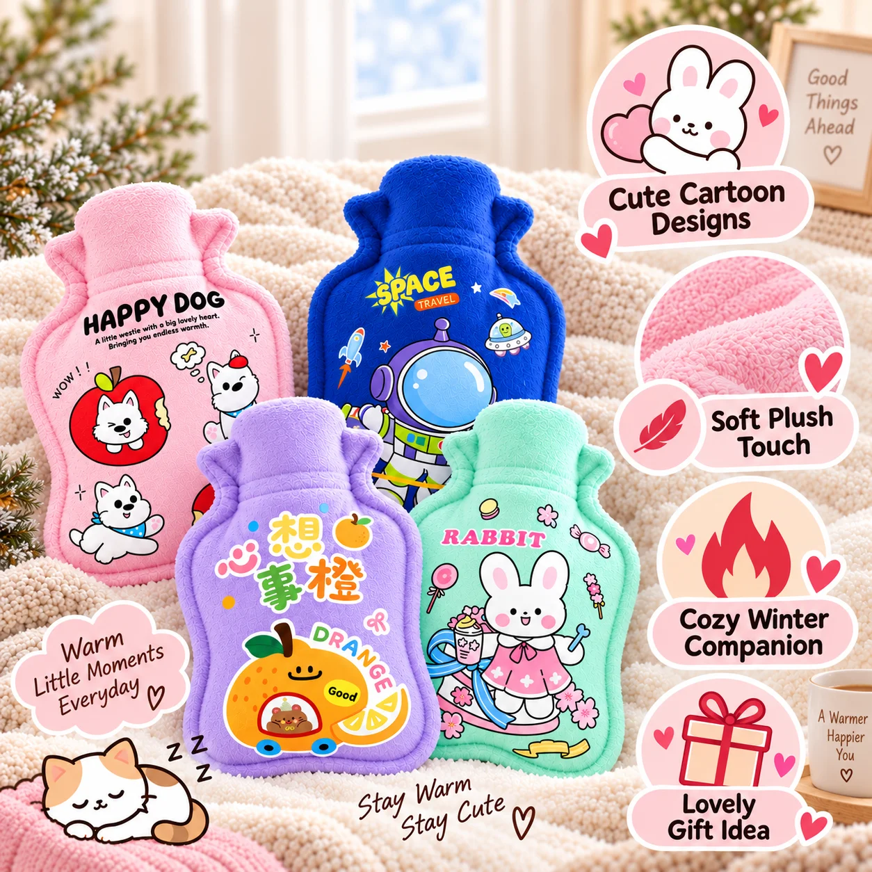 1PC Plush Hot Water Bottle Cute Cartoon Warm Water Bag Soft Fleece Cover Reusable Hand Warmer for Winter Home