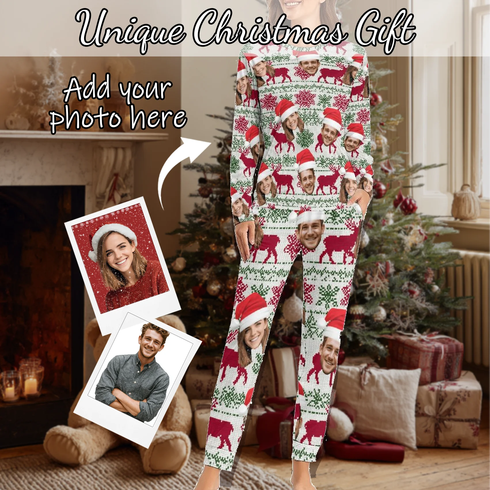 

Custom Women Pajamas with Face homewear Custom Women long Sleeve Pajama Set Personalized Christmas gift family couple pet
