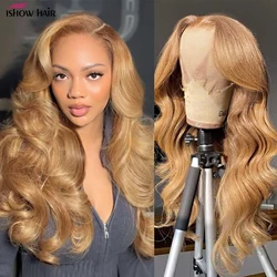 Honey Blonde Body Wave Lace Frontal Wig 27# Colored Pre Plucked 100% Human Hair Wigs Transparent Lace Closure Wig Human Hair