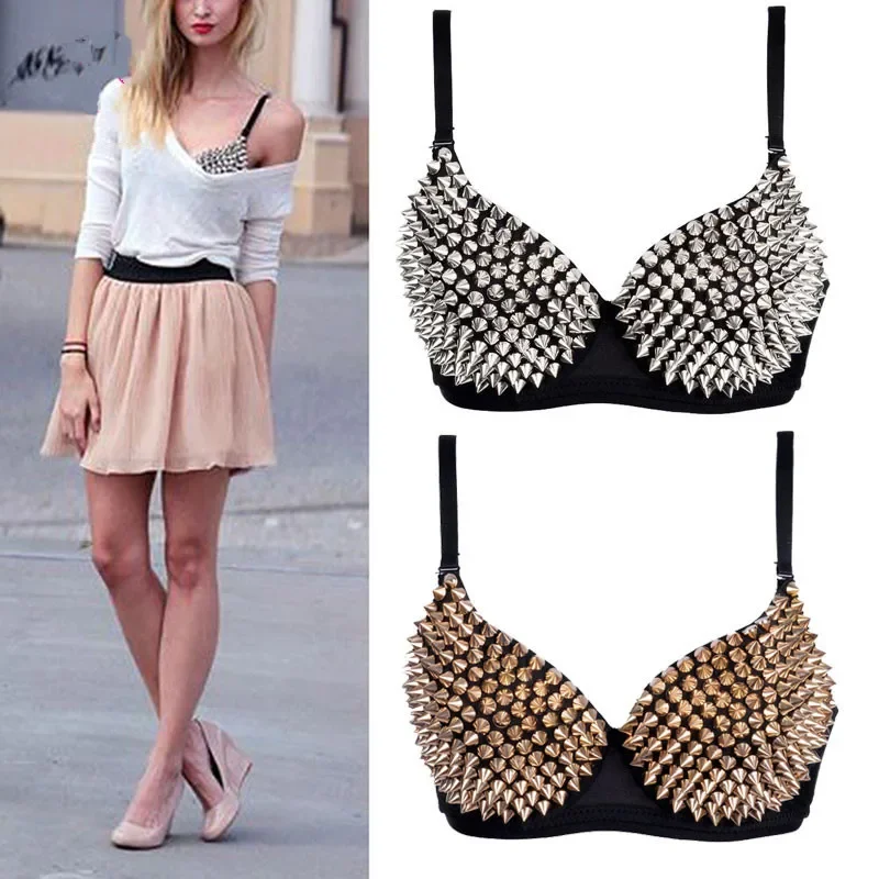 Biustonosz z nitami w kolorze srebrnym Seksowna bielizna Bralette Biustonosz Push Up Gothic Punk Rave Biustonosze dla kobiet Bielizna Brasier Mujer — zdjęcie 2