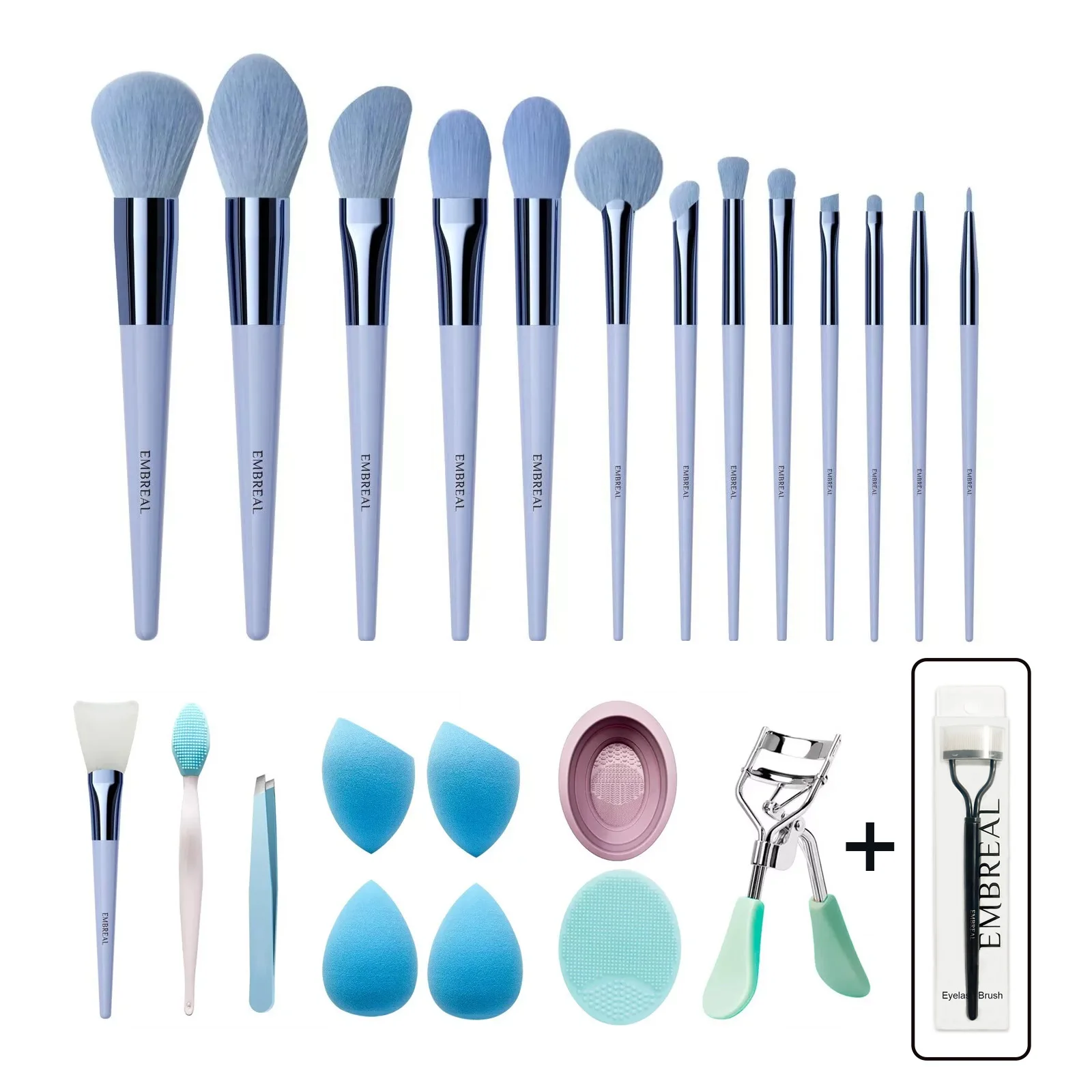 Embreal 23pcs Makeup Brushes Kit Set Foundation Brush Sponge Eyelash Curler Set Choice of Colors + Metal Lash Separator