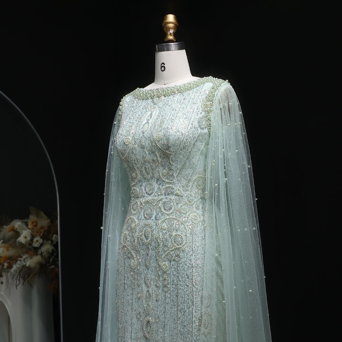 Sharon Said Luxuriöses Champagner-Abendkleid mit Cape-Ärmeln, Pailletten und Perlen, für formelle Anlässe und Partys, SS668, maßgeschneidert – Detail 23