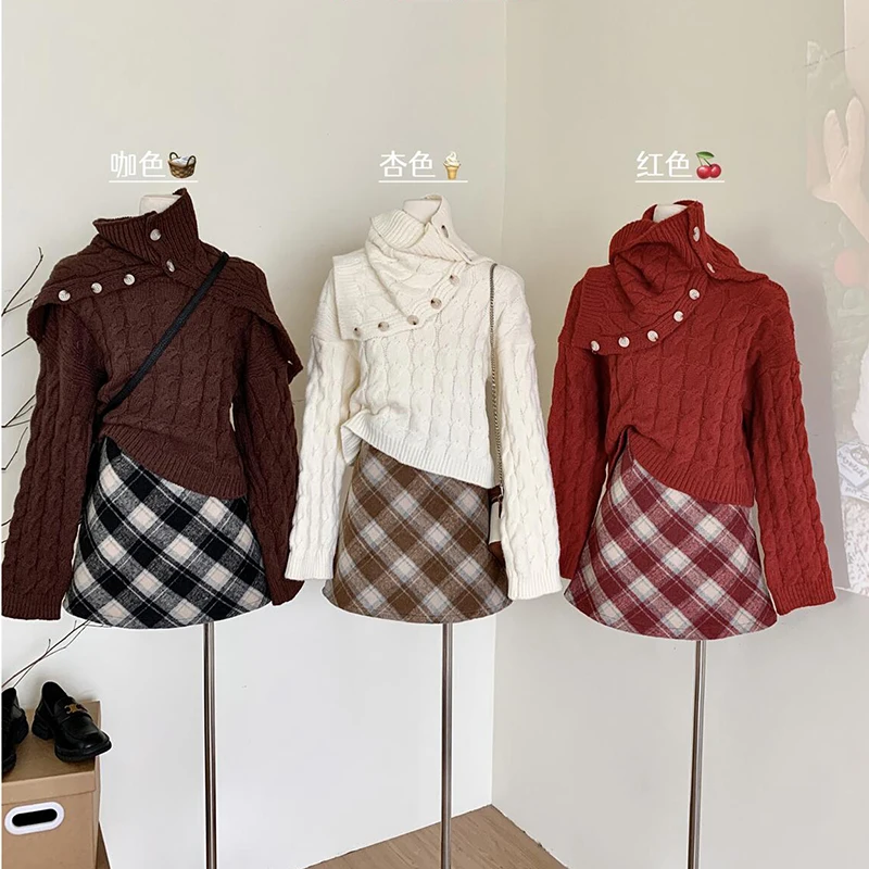 Women Autumn Winter Chic Knitted Pullovers Korean Soft Glutinous Fashion Design Solid Color Sweater Lazy Style