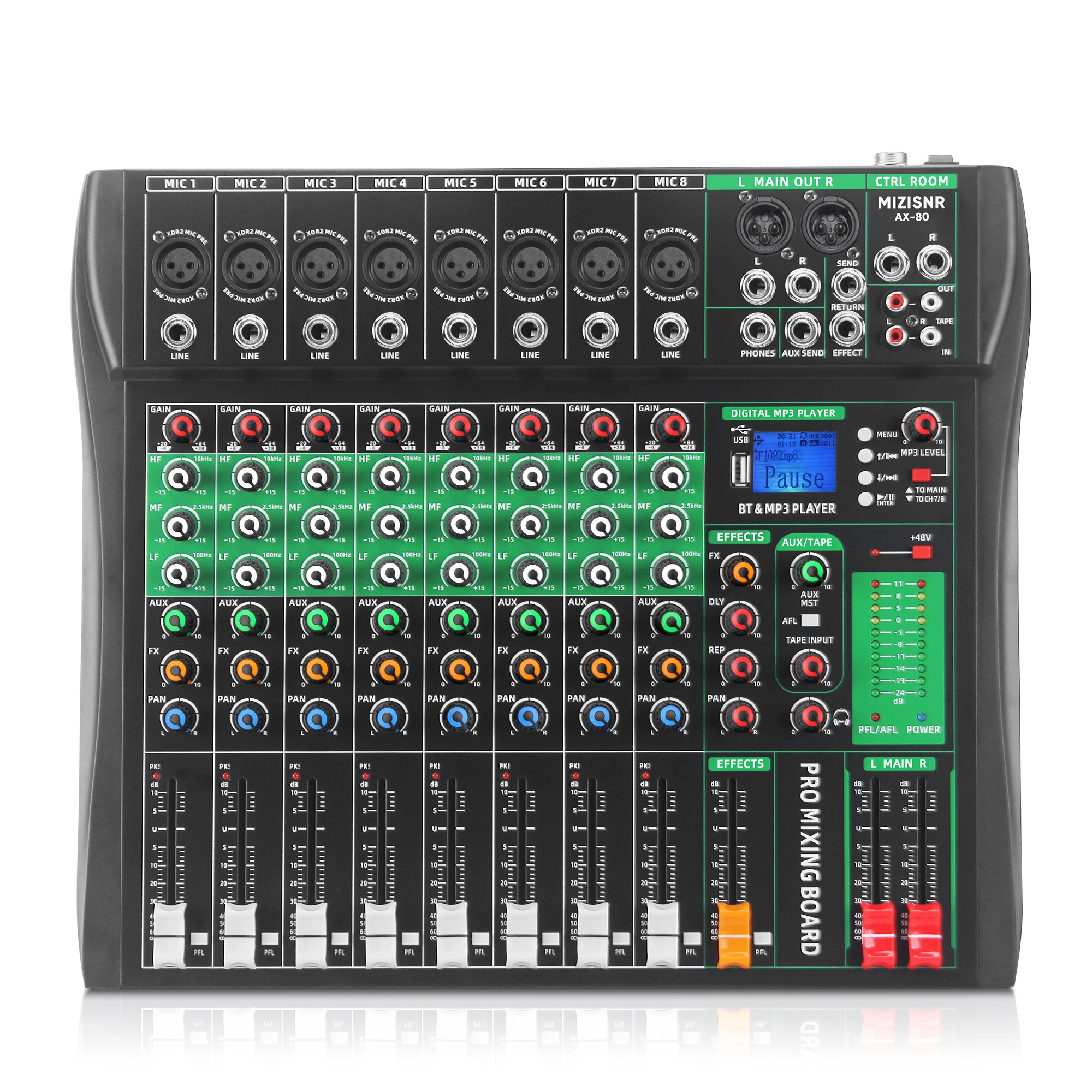 

Audio Mixer, 8-channel, Professional Music Mixing Board with Reverb Digital DJ Mixing Console 48V Phantom Power
