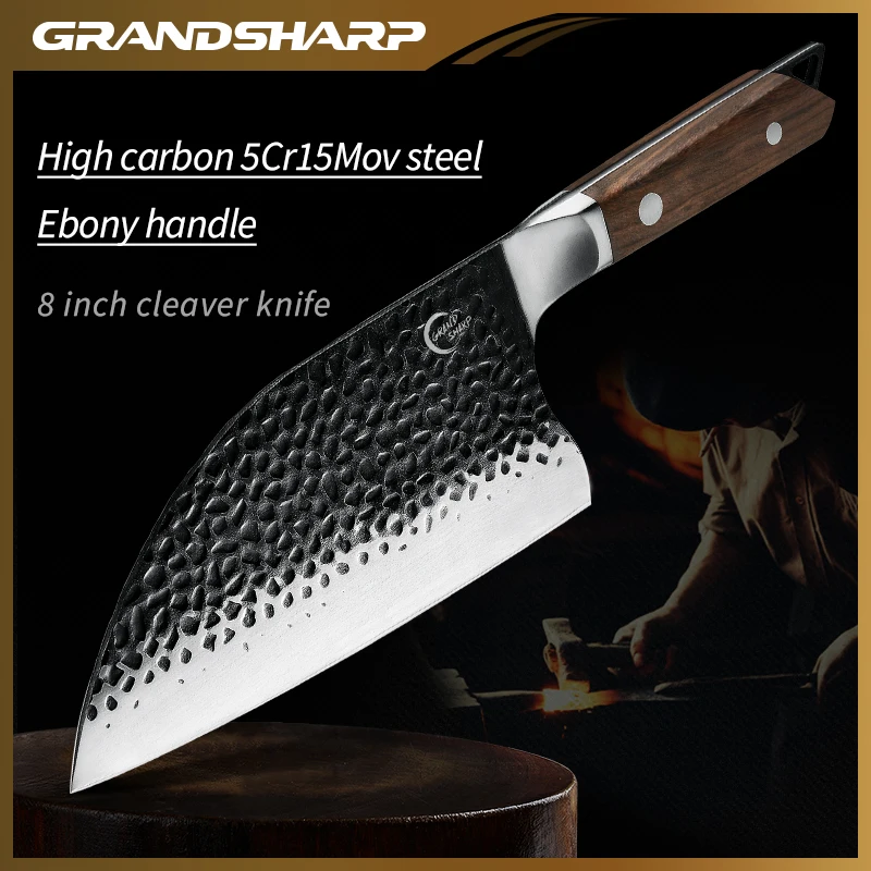 GRANDSHARP Hand Forged Chinese Cleaver 5cr15mov Hammered Blade Chef Knife Ebony Handle Outdoor Cooking Tools Leather Scabbard